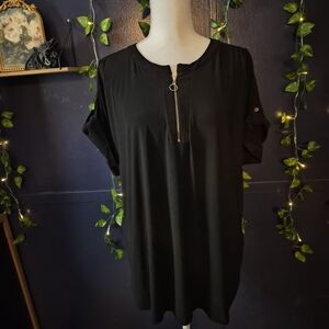 Black Zip-Front Women's Top - Classic Short Sleeve